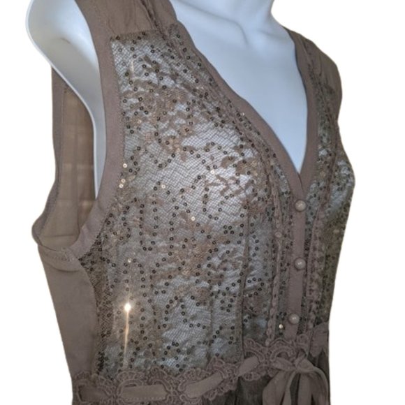 Mushroom (Gray Beige) Sheer Lace Sleeveless Blouse Size Large - Picture 4 of 5